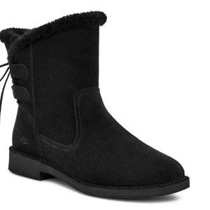 NIB UGG NAIYAH SUEDE‎ SHEEPSKIN TIE WINTER ANKLE BOOTIE BOOTS BLACK
